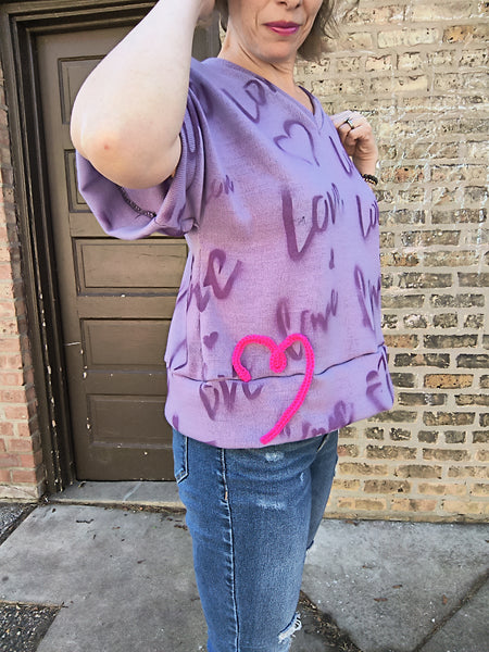 Graffiti 'love' Top- Purple- S to L