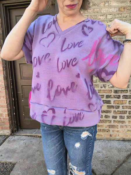 Graffiti 'love' Top- Purple- S to L