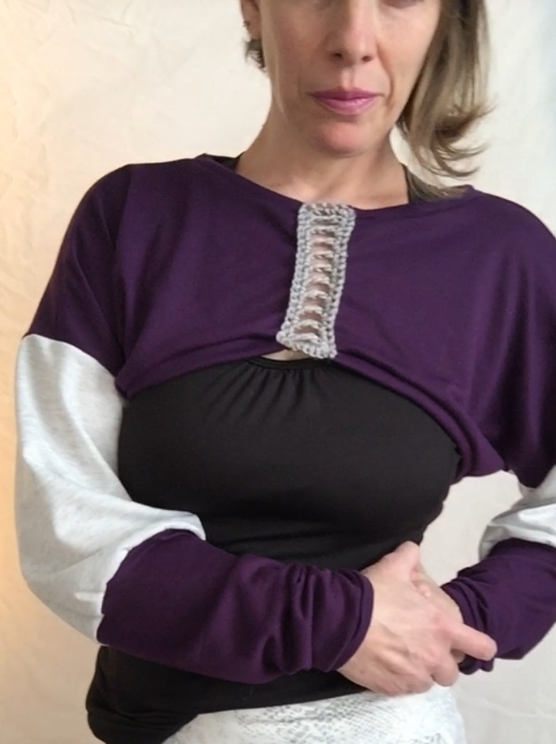 BeMo Shrug Sweatshirt- Purple/Light Grey